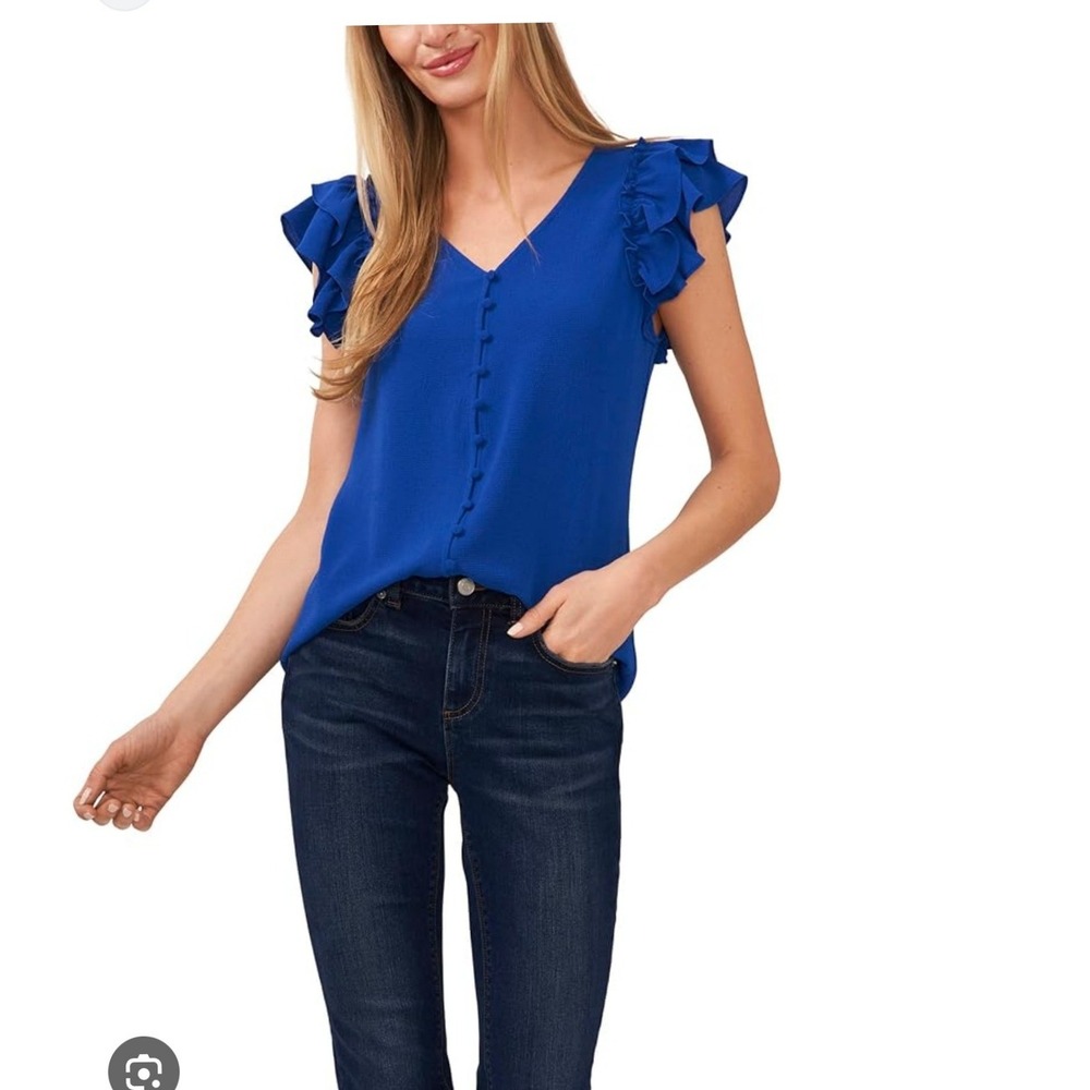 CeCe NEW Blue Flutter Sleeve Mock Neck Button Front Blouse Top M Designer Luxury